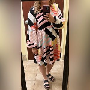 Women Summer Dress Loose Flowy Swing Shift Dress in “Multicolored Geometry”